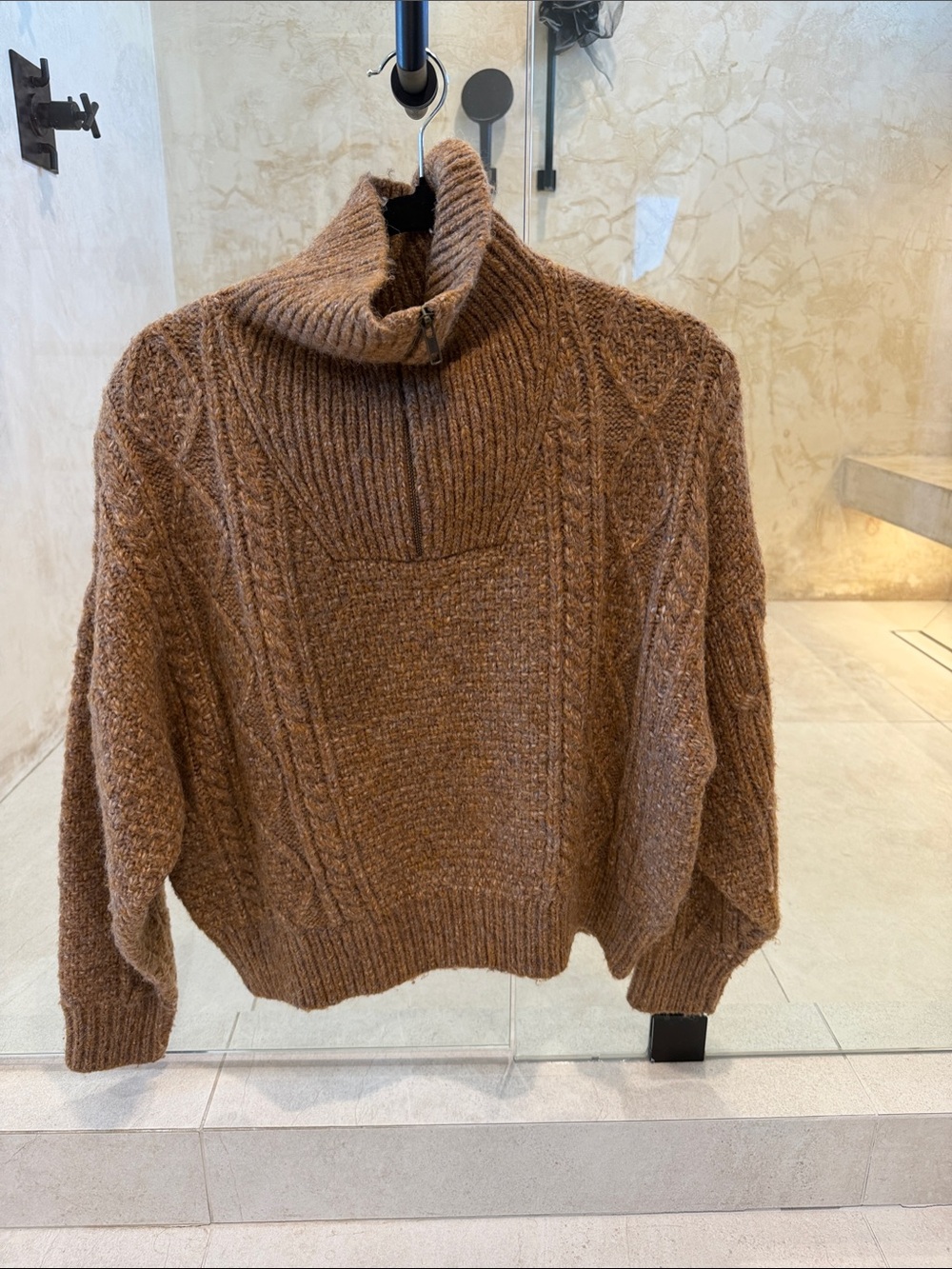 THE GREAT. Heathered Brown Fuzzy Ribbed Knit Cardigan